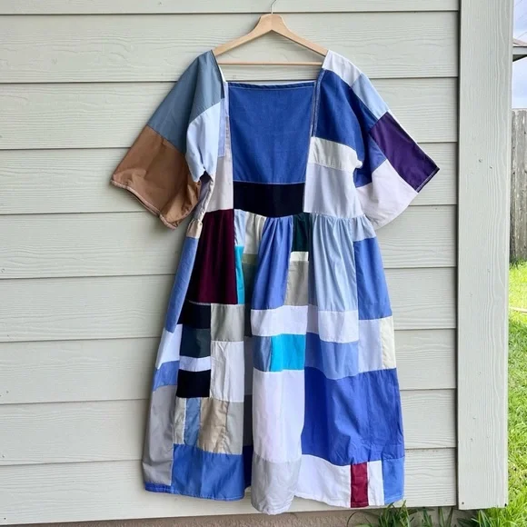 Handmade Quilted Patchwork Colorblock Dress SKU 06046 Blue Mixed - Picture 3 of 10